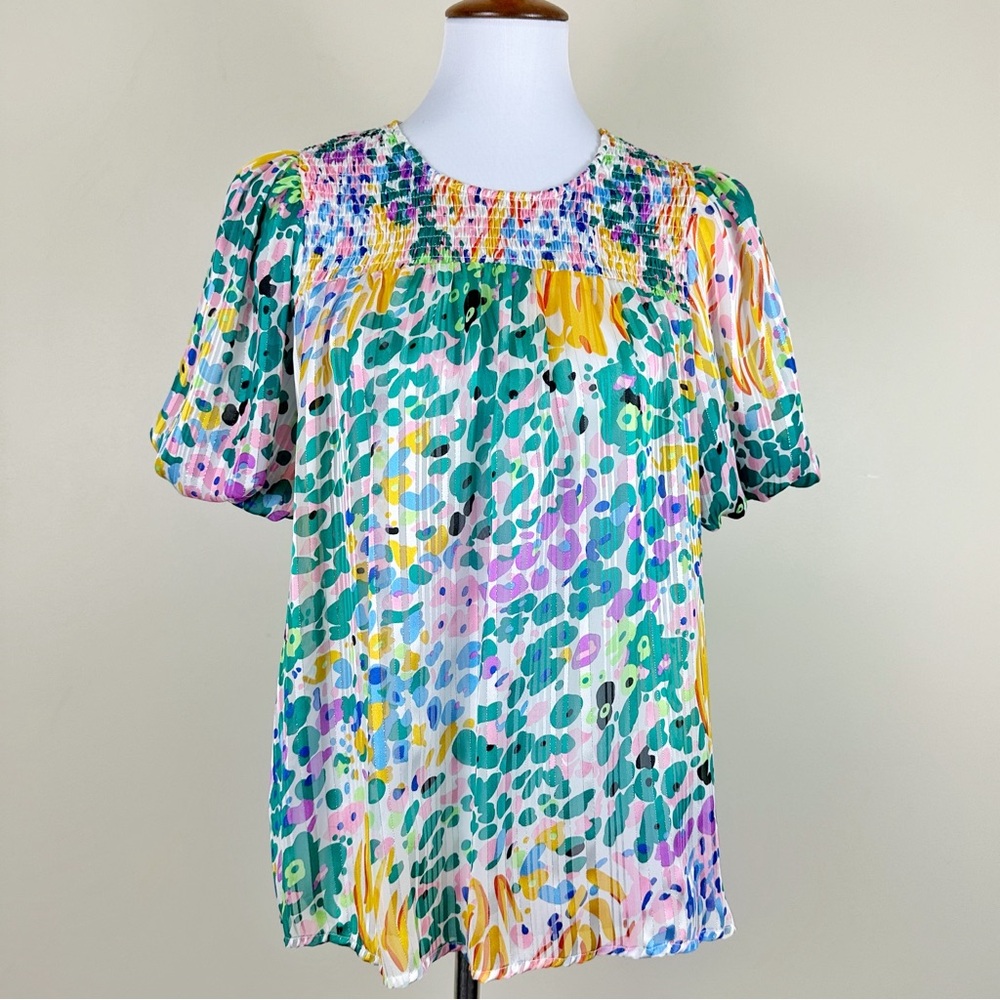 Umgee Laurel Puff Sleeve Top Small Citrus Metallic Thread Floral Multicolor